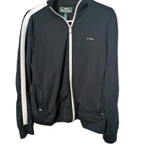 LRL Ralph Lauren Active Jacket Sweater Womens Sz L Black Full Zip White Stripe
